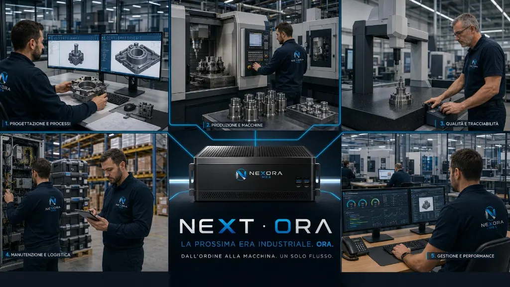 NEXORA ecosystem — design, production, quality, maintenance and performance in one flow.